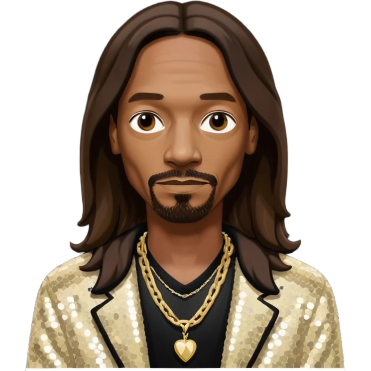 Snoop Dogg with long dark brown hair, ivory sequin jacket, black shirt with necklace emoji
