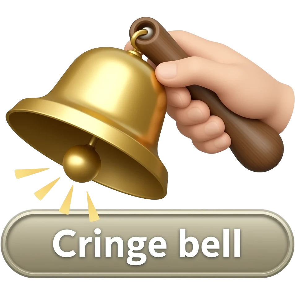 A handheld ringing bell with visual ringing effects,a label below it with text "Cringe bell", filled background emoji