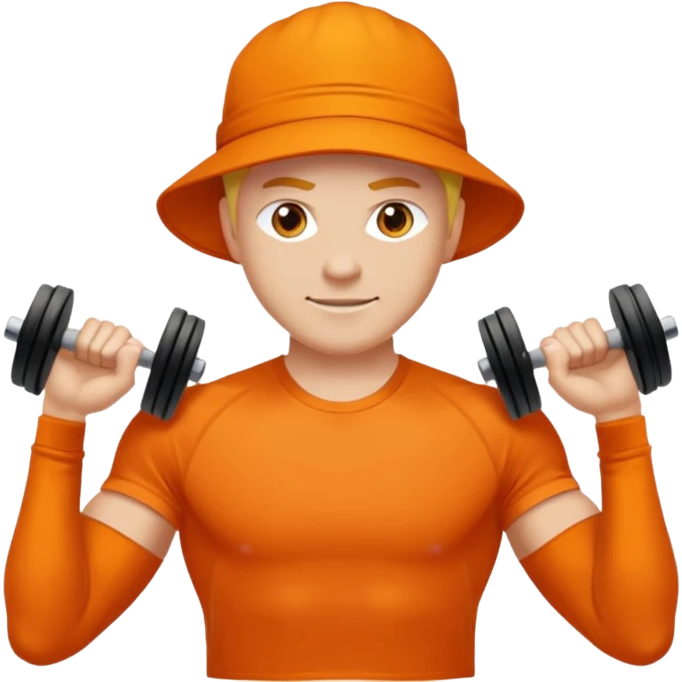 Mach mir einen glücklichen typen der im gym trainert und viele muskeln hat mit einem orangen sport thshirt und schwarzen kurzen haaren emoji