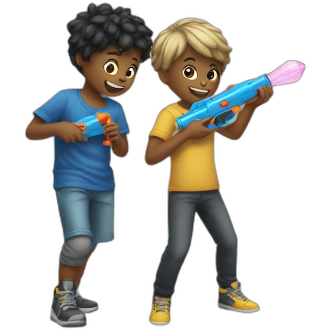 two kids playing with metal watergun emoji