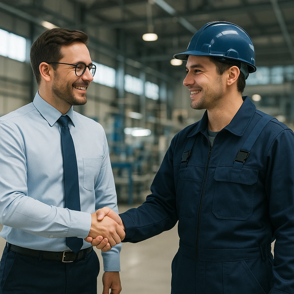 office worker shaking hands with factory worker, modern style, both in uniforms, friendly scene emoji