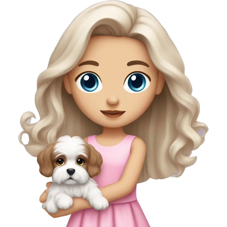 Brown long hair blue eyes girl with maltese puppy with pink dress emoji