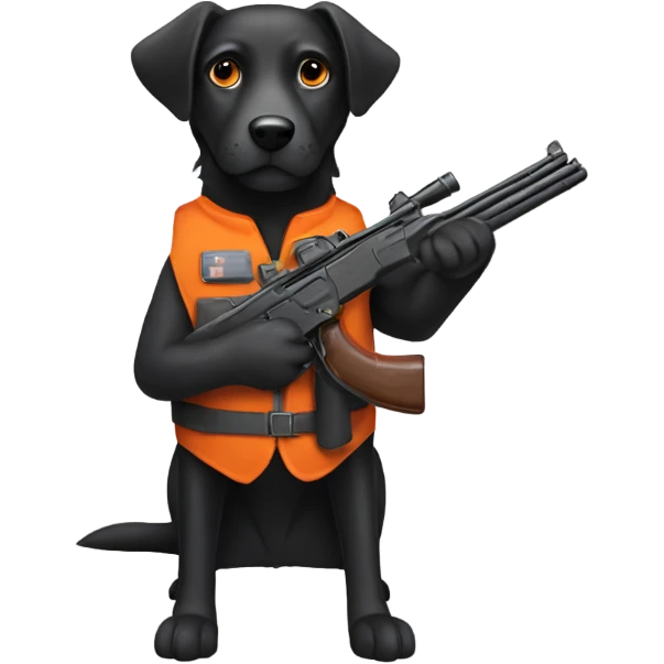 black dog holding a shotgun wearing a orange vest emoji