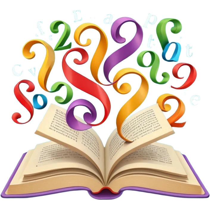 Open book with playful letters swirling out, symbolizing creative wordplay emoji