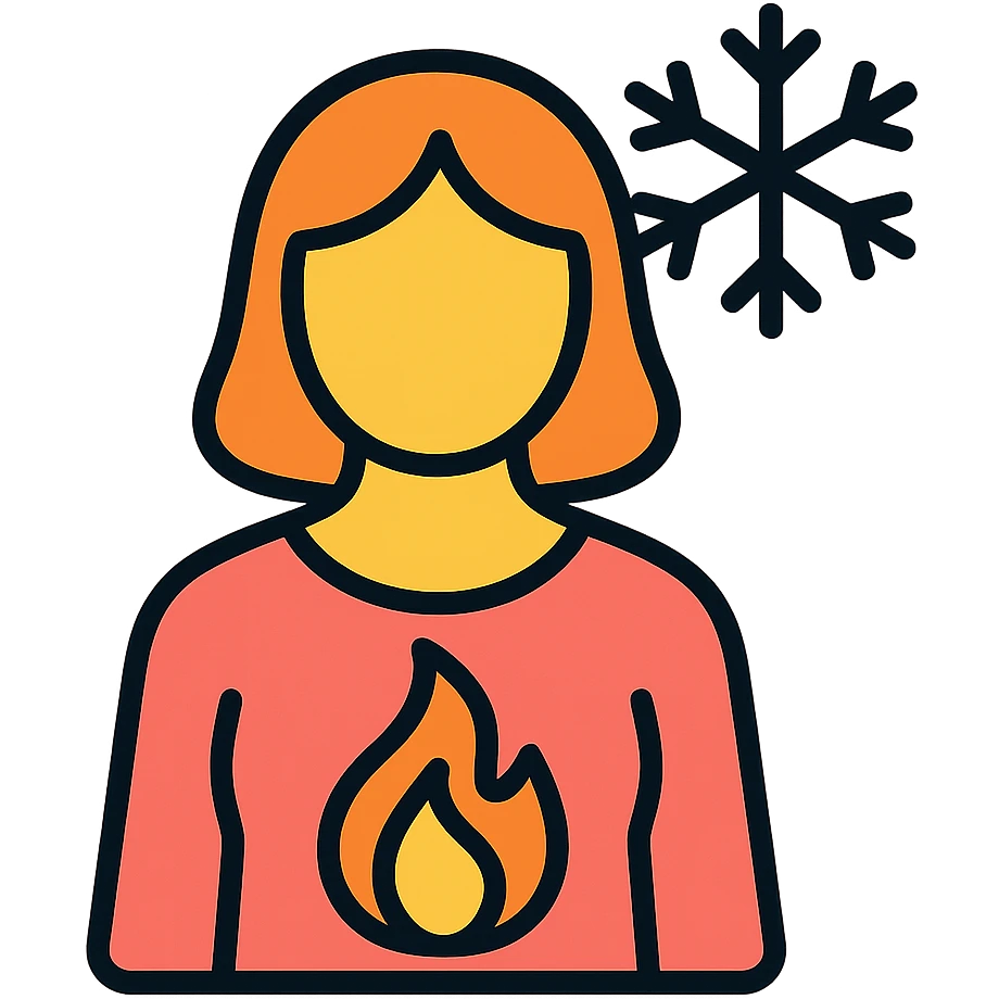 female figure with a glowing flame inside her body and a snowflake surrounding her, symbolizing menopause hot inside cold outside emoji