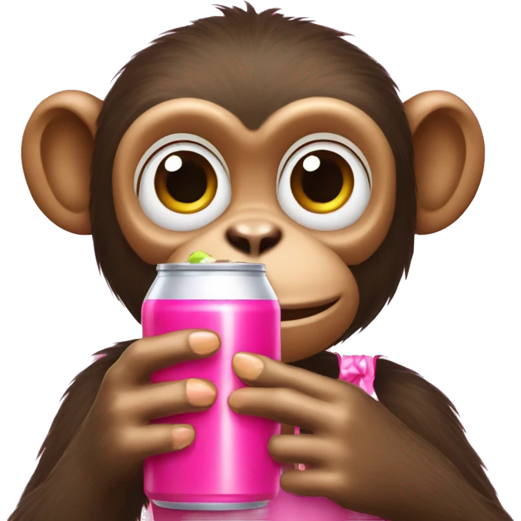 A monkeys drinking apple juice bottle, while holding out pink nails, with a pink bow emoji