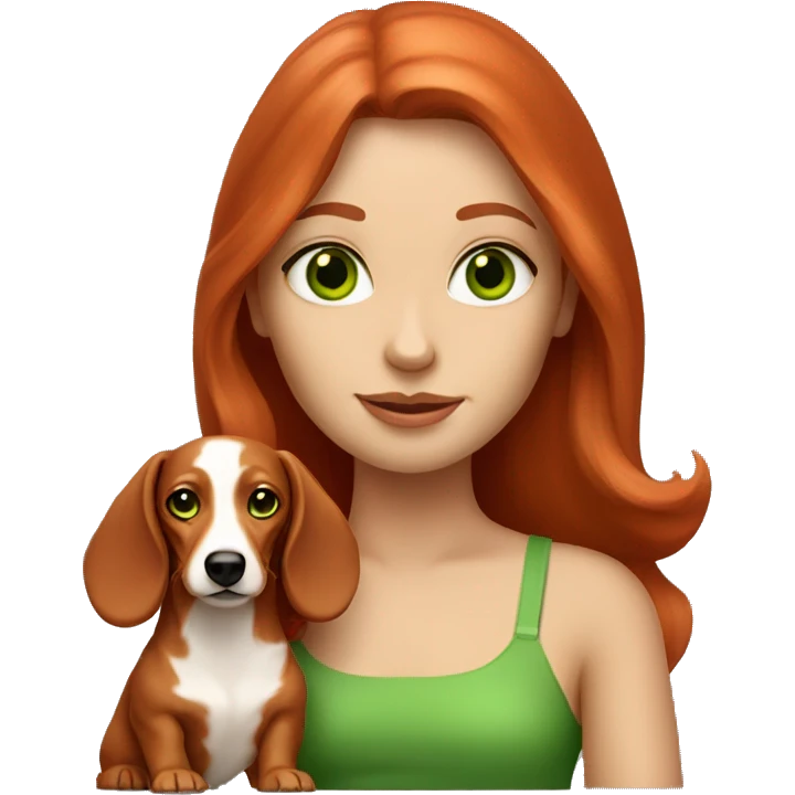 red head women with green eyes and her cream long hair dachshund emoji