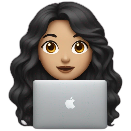 Korean girl with long and wavy black hair in front of her macbook, face a bit more white emoji