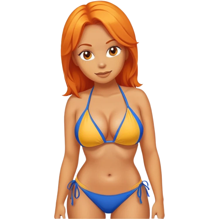 sexy busty thick fit yellow emoji woman with orange hair wearing blue bikini emoji