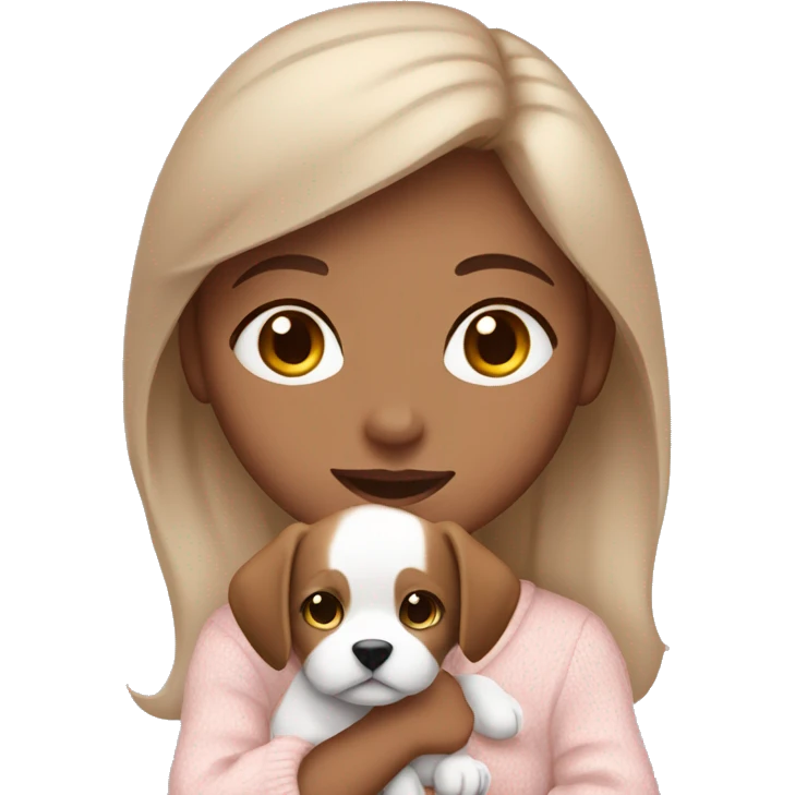 girl with brown hair and brown eyes wearing a light pink sweater and holding a white puppy emoji