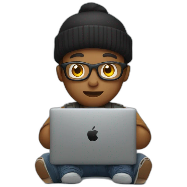 tech guy with black beanie holding a apple laptop in the lap emoji