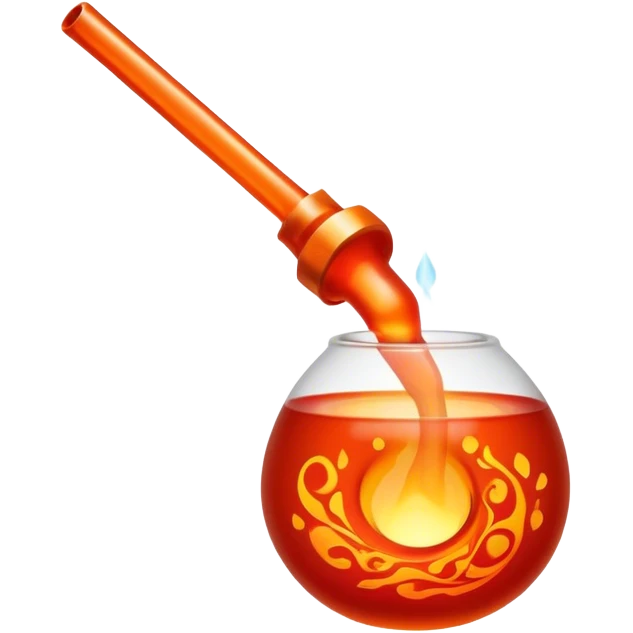 Glassblowing and casting icon, molten glass being shaped with blowpipe, glass piece in the mold, glowing red-hot surface, intricate patterns forming, minimalistic style, clean lines, transparent background. emoji