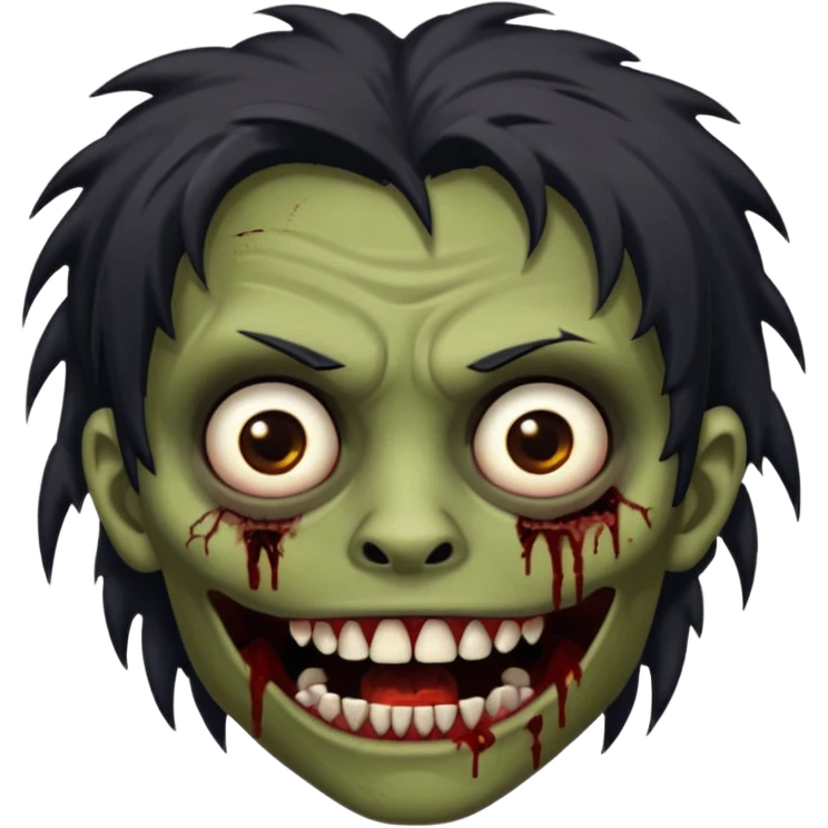 Brown-skinned zombie with messy black hair, wide centered brown eyes, dark bloody marks under the eyes, and a slightly open mouth showing crooked teeth grillz, giving a distressed, undead look. emoji