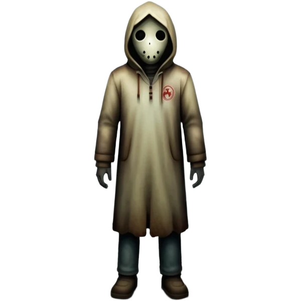 An icon representing a horror game, inspired by Silent Hill 2. The design features a foggy, eerie street with a shadowy figure in the distance. Creepy, dim lighting and dark, abandoned buildings set the tense atmosphere. Transparent background enhances the unsettling mood. emoji