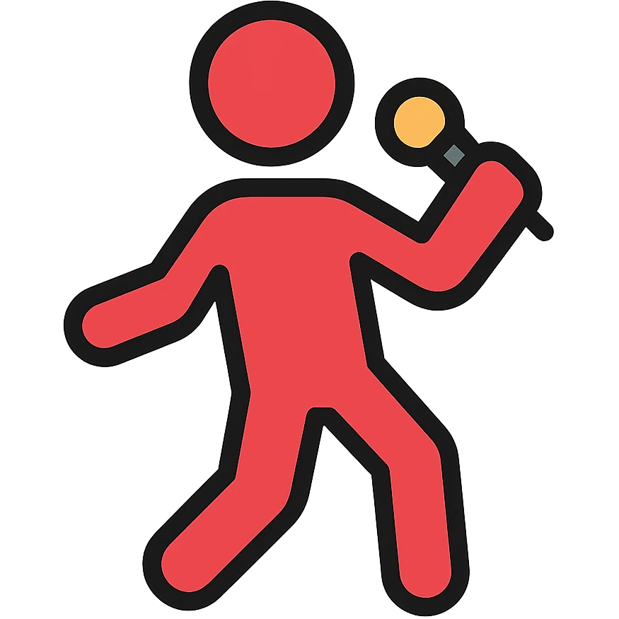 2D bathroom icon-style person, red color, holding a microphone, black background emoji