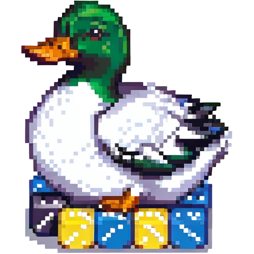 pixel art style duck inspired by the DuckDice logo, sitting on a pile of dice emoji