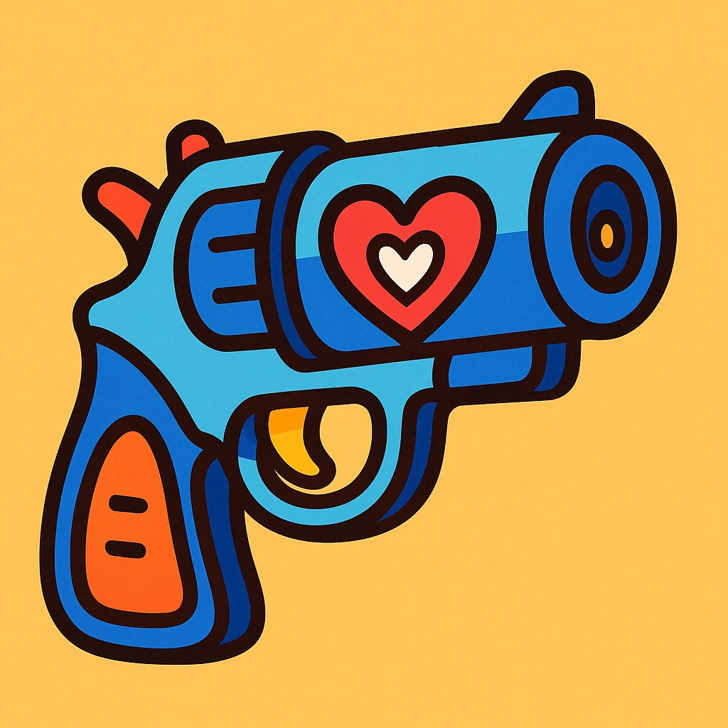 blue heart pistol, vibrant toon style, bold outlines, playful look emoji