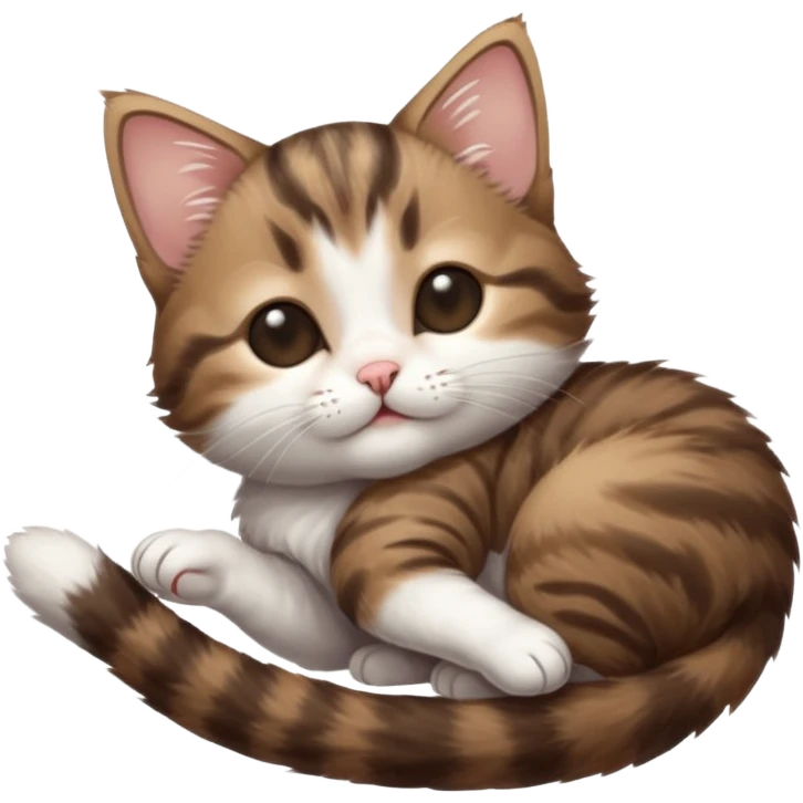 dark brown tabby and white kitten with his eyes closed whilst in funny positions stretched out and  upside down emoji