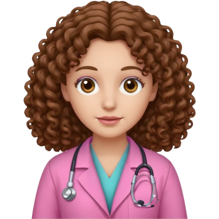 médica, cabelo castanho, pele branca, cabelo cacheado/ondulado, cabelo comprido, roupa rosa emoji
