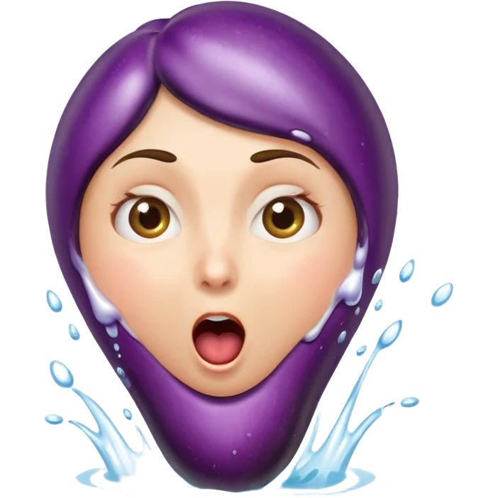 woman with open mouth, eggplant squirting water, surprised expression emoji