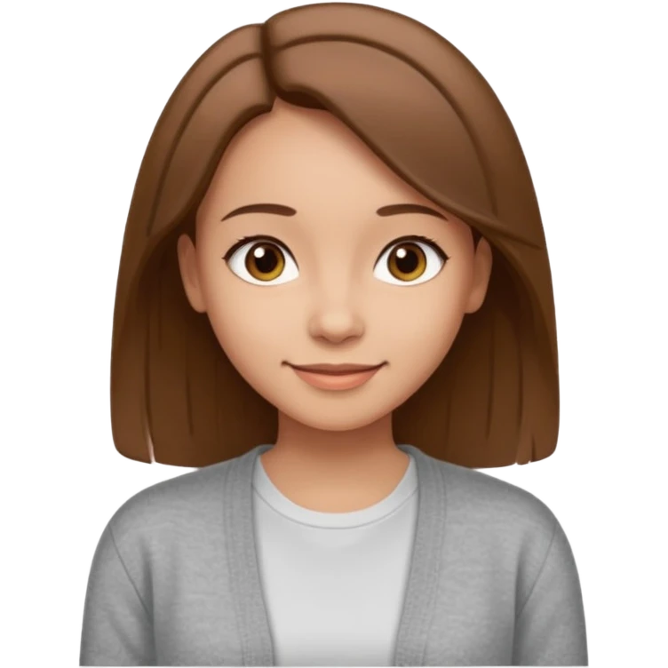 The girl has straight medium-length brown hair, light skin, wearing a white t-shirt and gray cardigan. Gentle smile, friendly neutral expression emoji