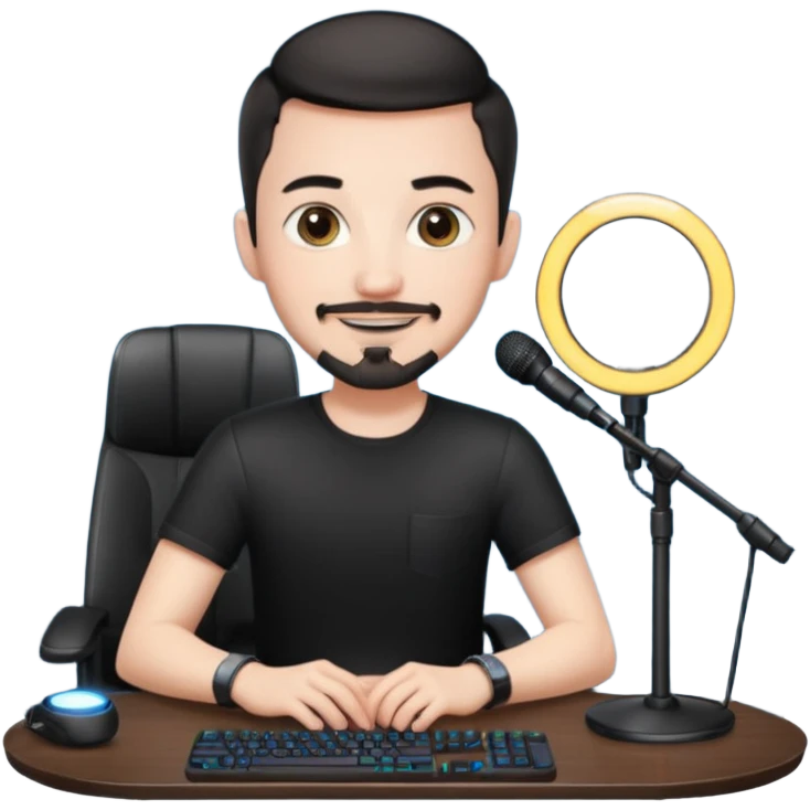 a setup of a youtuber, white skin, thin goatee, black short hair, with a desktop pc on a table, a gaming chair, microphone, ring light emoji