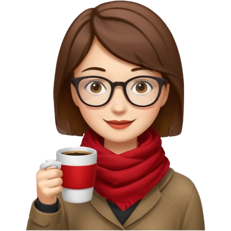 a girl with brown short hair, having red scarf, wearing glasses, drink coffee, enjoy emoji