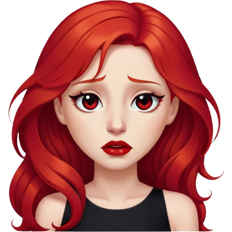 a crying woman with long red hair and red eyes. The woman wear a black little cutted dress. She have red lipstick and she have a seductive look. She cry tears emoji