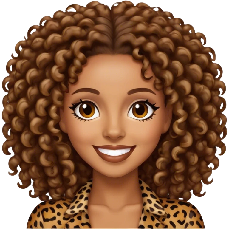 Melanie Brown with brown curls wearing leopard print and smiling emoji