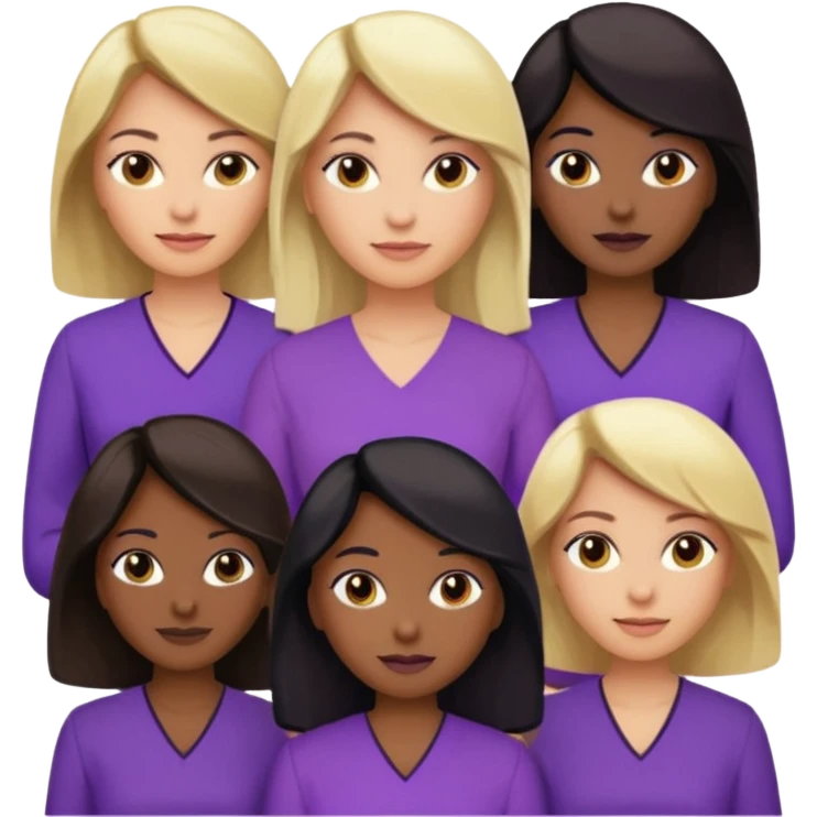 Group of reproductive age women 25-50 of all races with light, medium, dark and very dark skin tones. Blond, brown, black hair color with various purple blouses and shirtys. 10 per image emoji