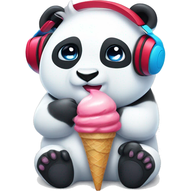 white panda, with red ears, with red, blue, pink headphones, with one button eye, and an ice cream splater on the headphones. emoji