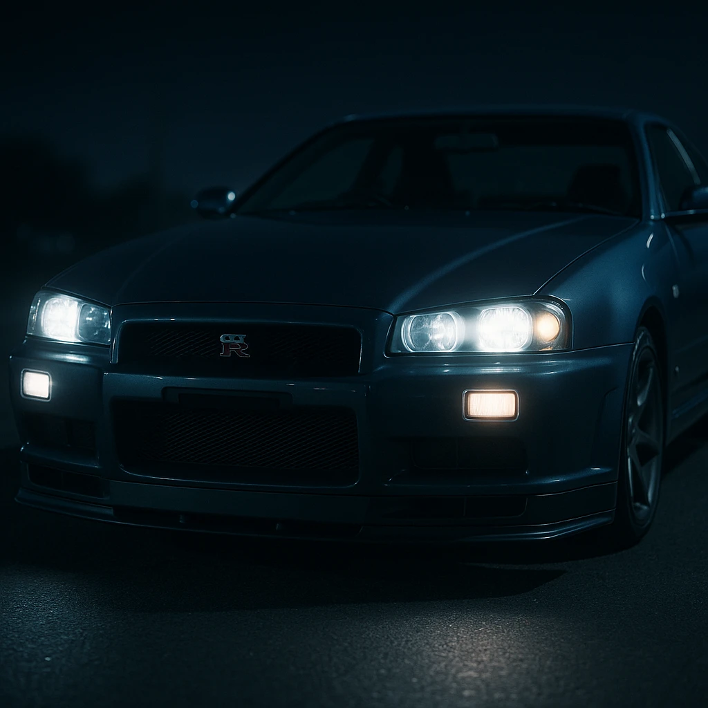 Nissan Skyline GTR R34, close-up, headlights on, night scene emoji
