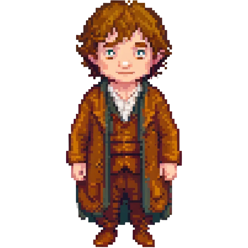Whole body image of bilbo baggins from the lord of the rings  in pixel art style and formatted to fit emoji size for later adding to slack app emoji