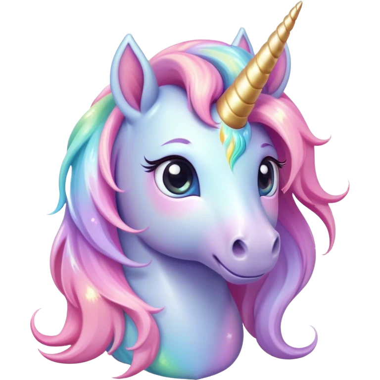Cinematic pastel-colored unicorn, flowing iridescent mane, big sparkling eyes, tiny rounded hooves, soft chubby cheeks, delicate magical glow surrounding, enchanting and dreamy. emoji