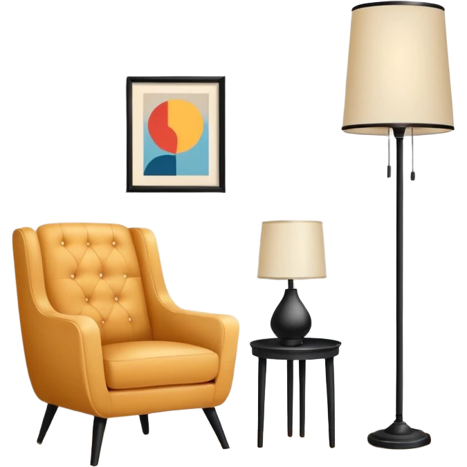 Minimalistic flat vector icon, iOS style, thin black contour on white background. Floor lamp, armchair, and framed picture on wall. Clean, no text, no shadows emoji