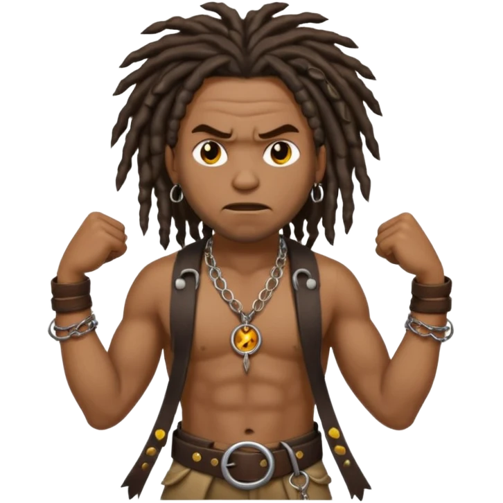 a angry black man with dreads and a circle pendant chain to the side slanging back and forth a belt emoji