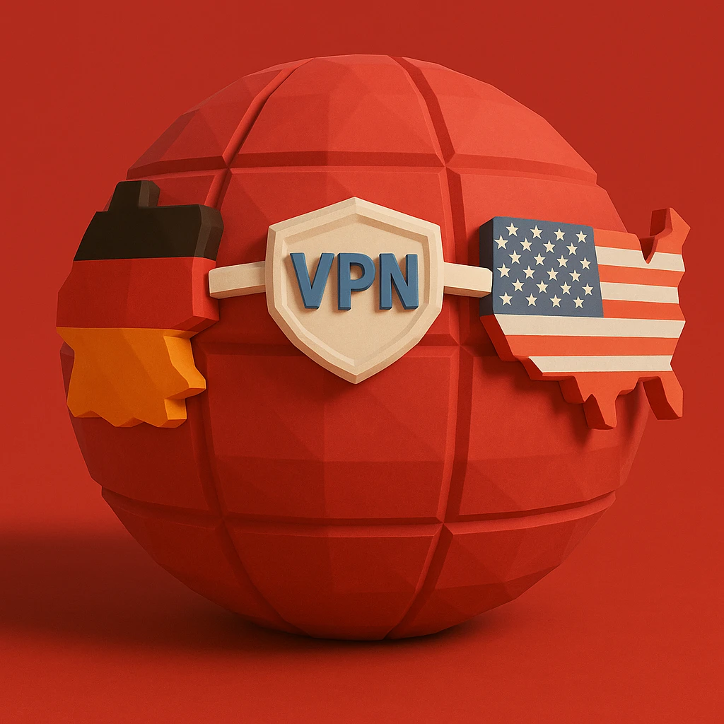 Edit the playful 3D globe with VPN and a connection between Germany and USA to have a red color scheme with realistic shading and depth, maintaining the playful and 3D low poly style. emoji