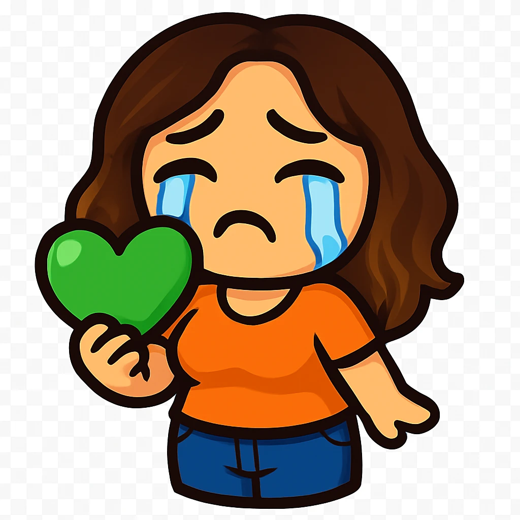 Sticker style chibi emote, matching the attached green heart emote as a base, but with a slightly skinnier body and a bigger chest. Woman from reference, orange t-shirt and blue jeans, crying with big tears, cute sad face, no headband, no wand, transparent background. Top color should not match jeans. emoji