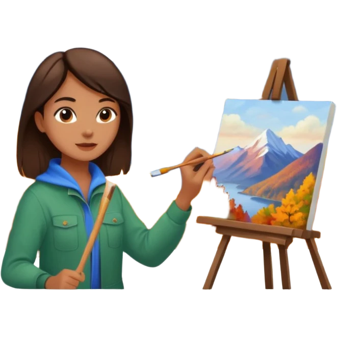 Brunette Artist painting a beautiful autumn mountain peak destination on canvas emoji