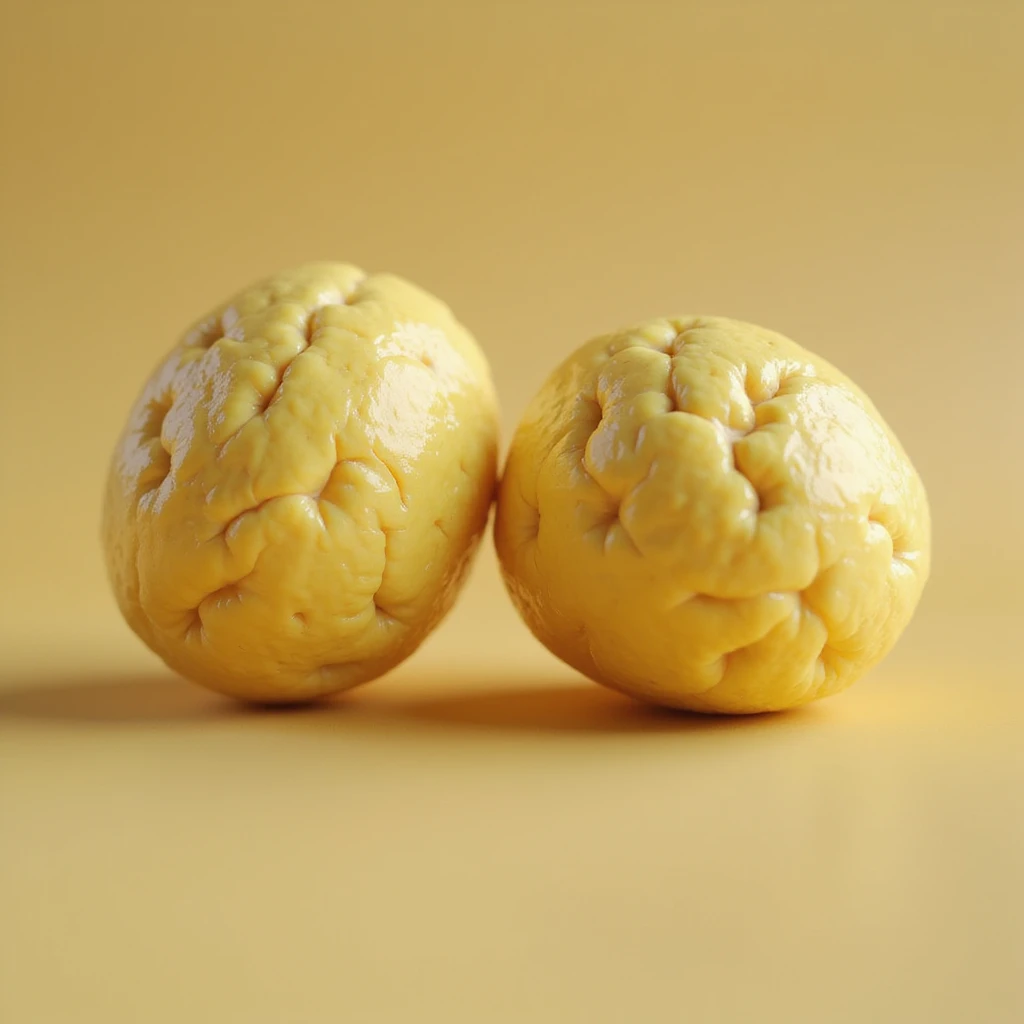 two yellow fat cells (adipocytes) hyperrealistic 3d, no background, with different details emoji