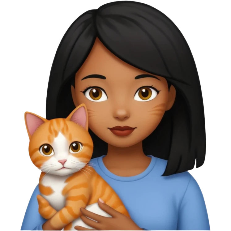 Black girl with black hair holding ginger cat emoji