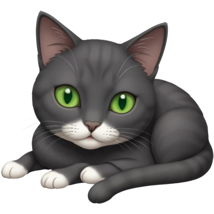 beautiful female solid dark grey cat with green eyes, white toes/paws and white patch on her chest lying down emoji