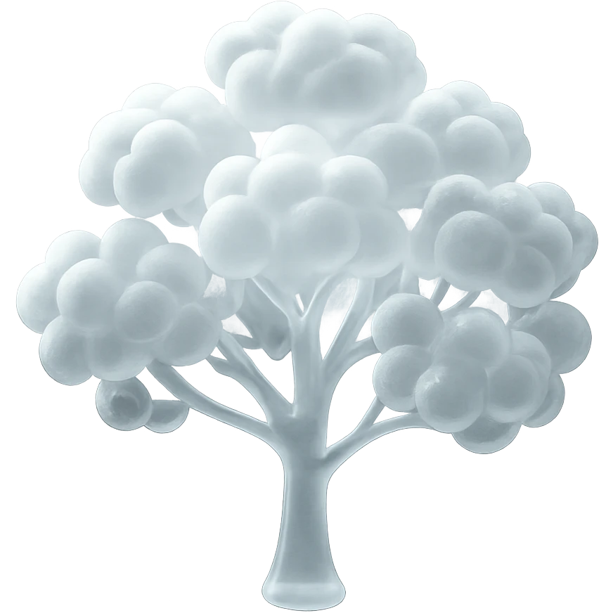 one tree with many branches and a white trunk, crown made of small very bright white fluffy convex clouds, matte glass style emoji
