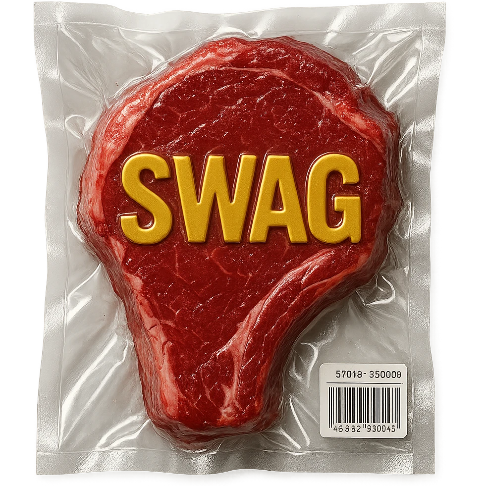 steak with gold lettering 'SWAG' on top, glossy and puffy vacuum-sealed style emoji