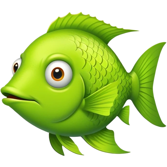 bright lime green fish shown in absolute side profile, one eye only, facing directly to the right, flat 2D view like a playing card, goofy derpy expression emoji