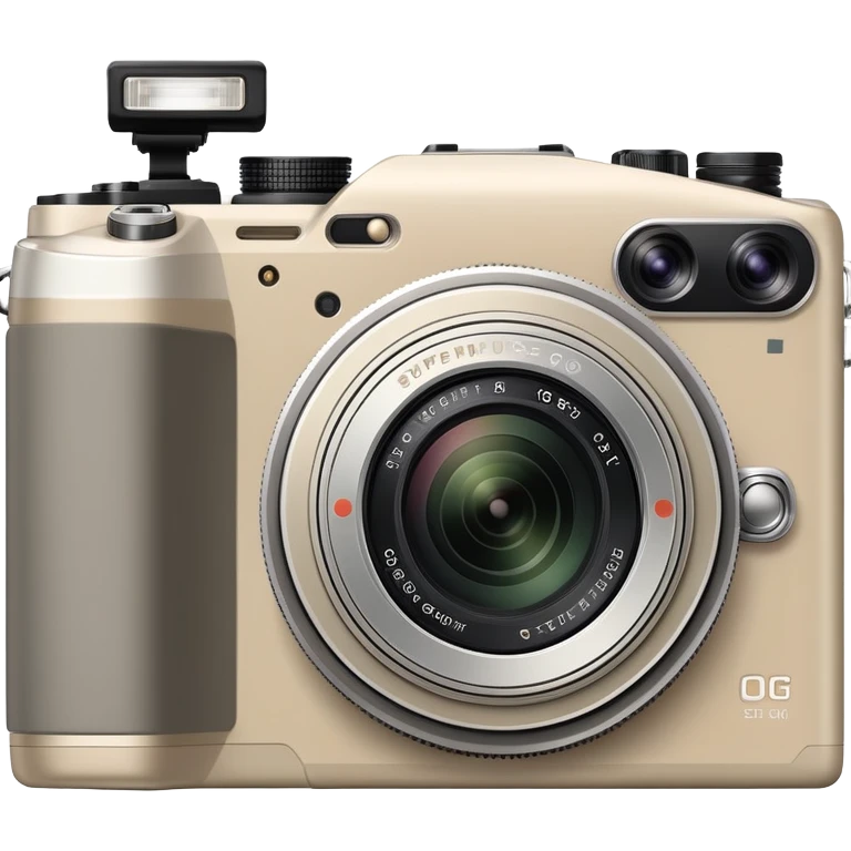 Hyper-simplified Olympus Superzoom 70G camera, grayish-beige color, flat design with only the most essential single feature indicated emoji
