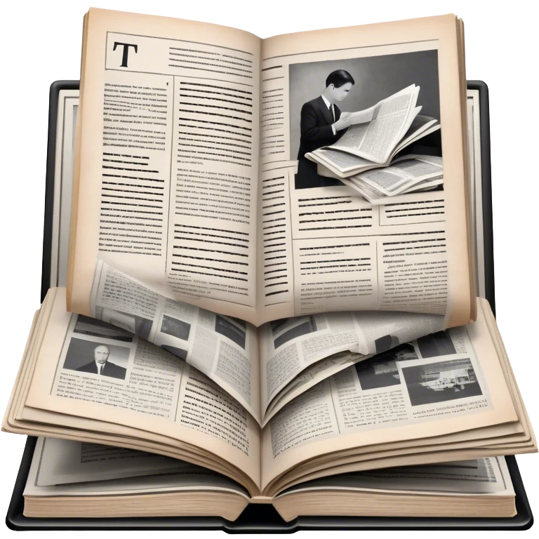 Icon for Non-Fiction & Narrative Reading: an open book with black-and-white photos on the pages, surrounded by a pile of newspaper clippings, and an open folder with top-secret documents. The icon should reflect the blend of real stories and facts in non-fiction literature. Transparent background. emoji