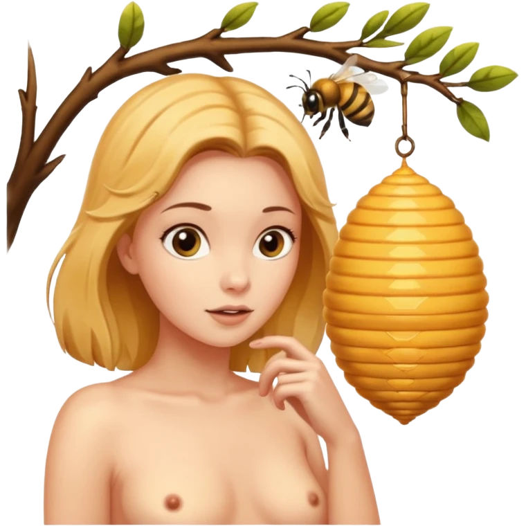 A naked women looking at a beehive hanging by a branch  emoji
