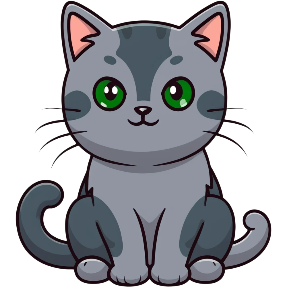 Elegant gray cat with smooth fur, large green eyes, serene expression, sitting facing camera emoji