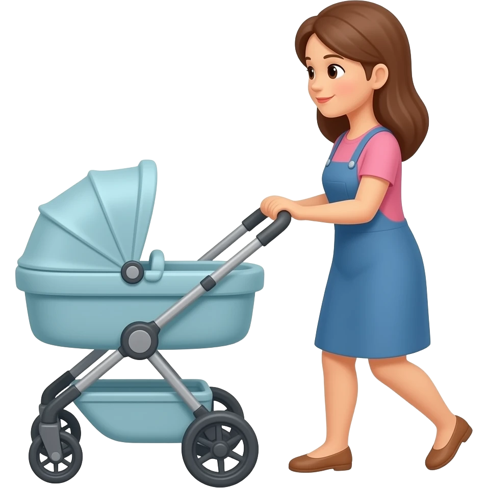 A simple iPhone emoji-style icon of a mom pushing a baby stroller. side profile, cantered. Small with lots of white space around emoji